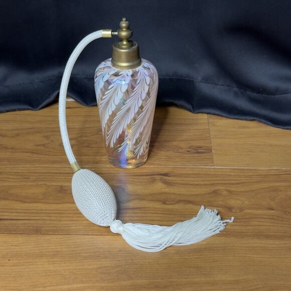 Vintage Pink Iridescent Art Glass Perfume Bottle Atomizer White Swirl 6.25” Tall - Picture 11 of 14